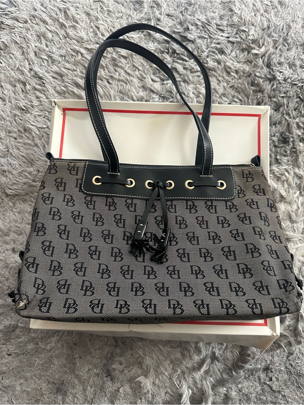 Dooney & Bourke Black and Gray Signature Drawstring Tote